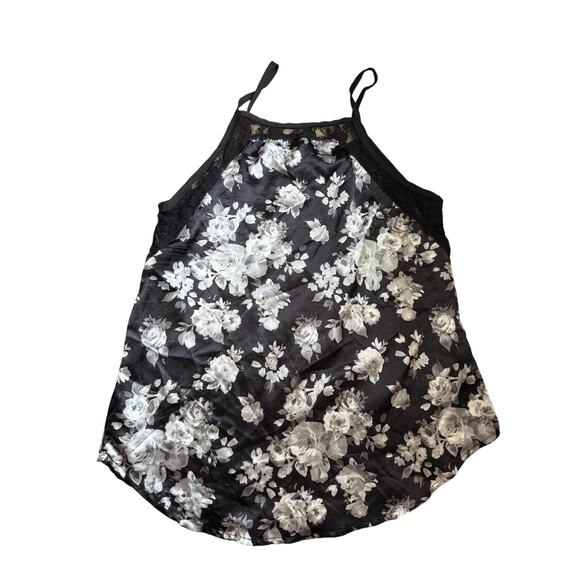 Y2K Almost Famous Black Floral Lace Cami Tank Top Size M White Rose Print Goth - Picture 4 of 4